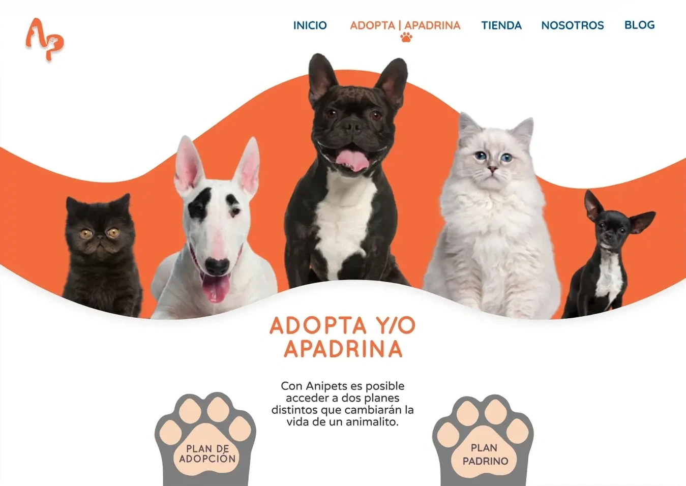 Página de inicio con perros y gatos y los botones Plan de adopción y Plan padrino