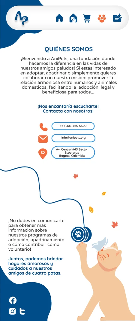 Pantalla móvil Quiénes somos con datos de contacto y la ilustración de un gato jugando