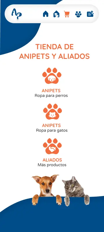 Pantalla móvil de la tienda de Anipets y aliados