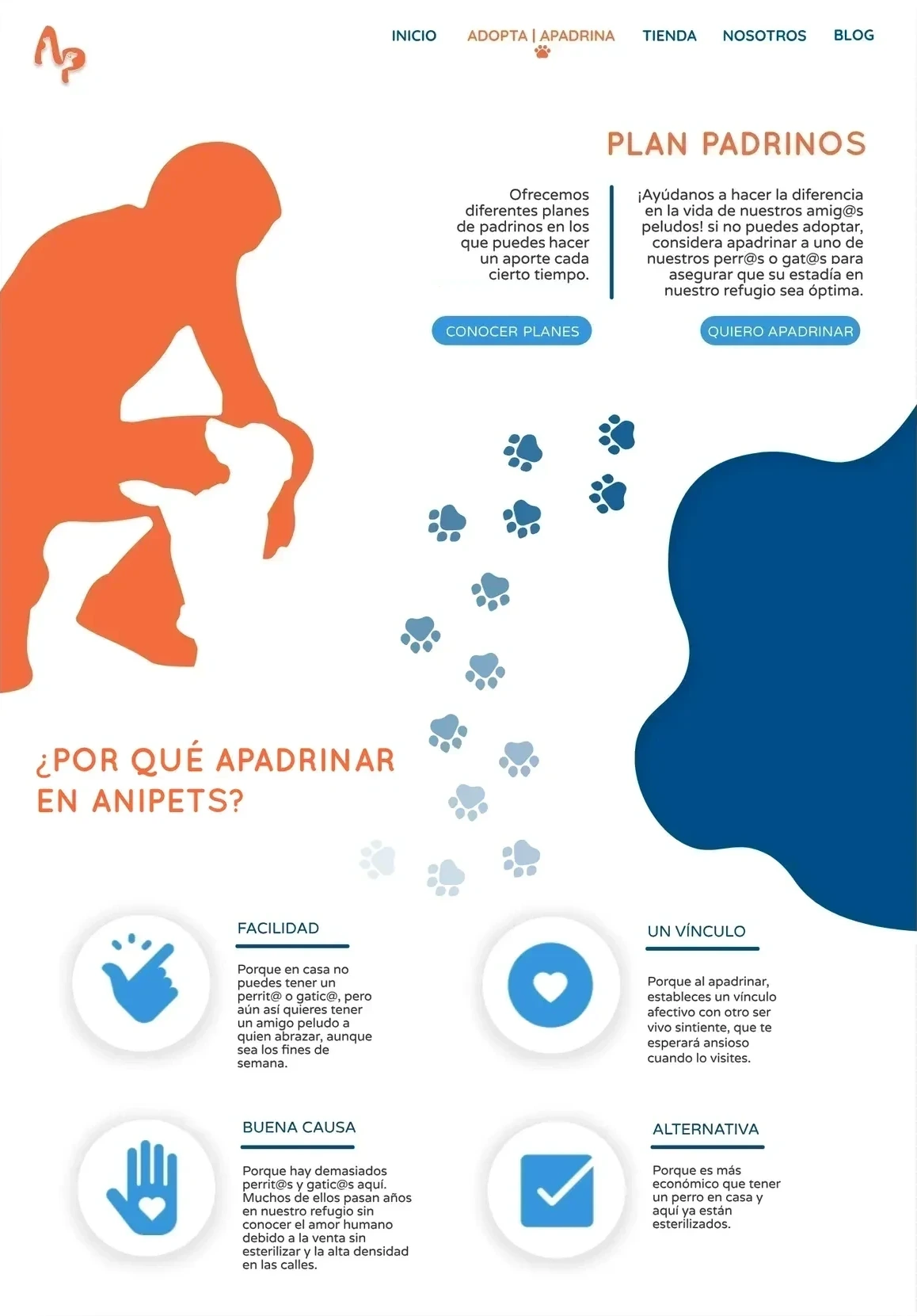 Página Plan padrinos con silueta, huellas y cuatro razones para apadrinar